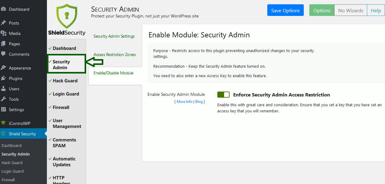 shield security admin feature iControlWP