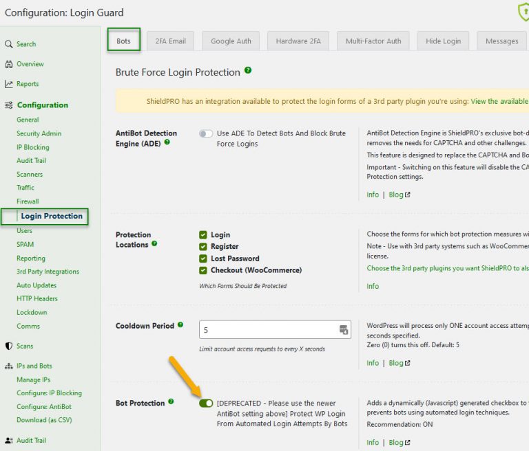 Shield Security WordPress plugin GASP Bot Login Protection