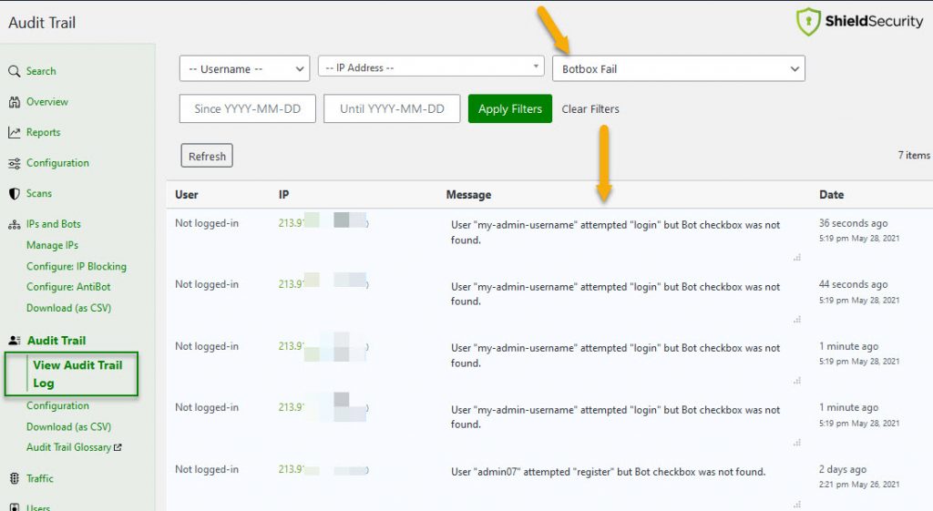 Shield Security WordPress plugin GASP Bot login audit trail logs
